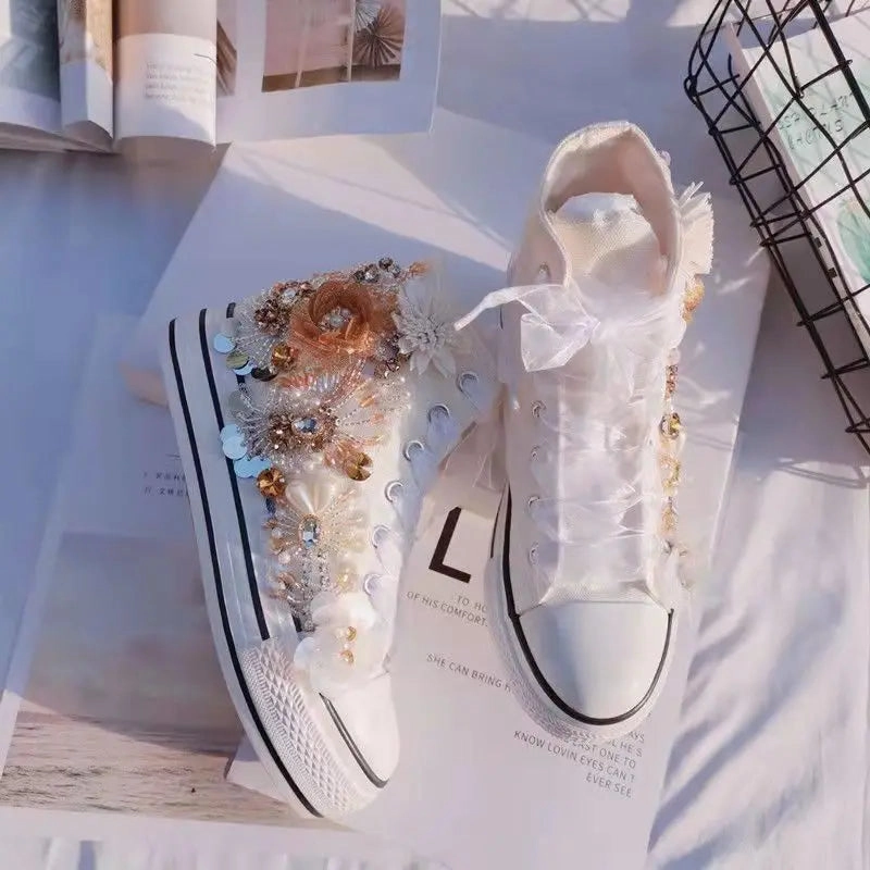 binfenxie  -  Women's Sports Shoes High-top Canvas Shoes Sweet Lace-up Shoes for Women White / Black Flowers Student Pretty Fairy Sneakers Sneakers For Very High Arches And Insteps