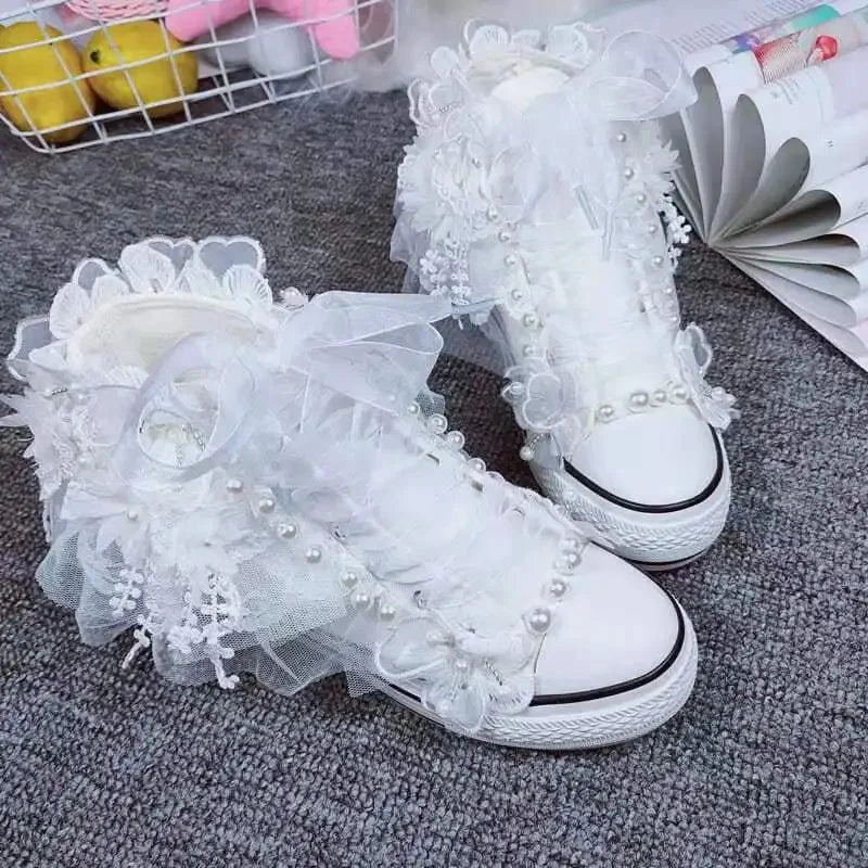 Sneakers Air Force 1 binfenxie  -  Women's Sports Shoes High-top Canvas Shoes Sweet Lace-up Shoes for Women White / Black Flowers Student Pretty Fairy Sneakers