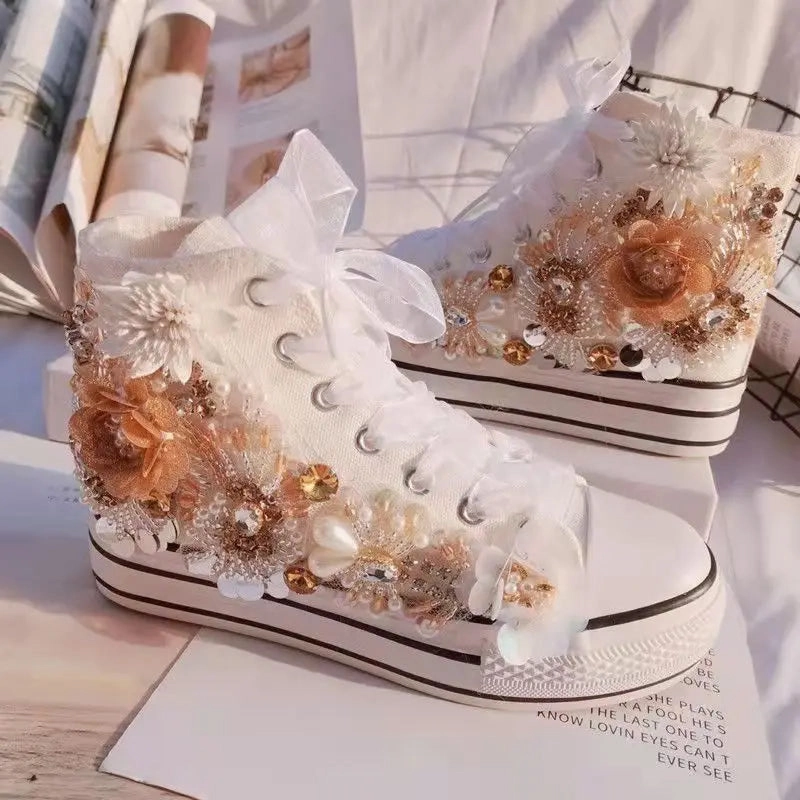 binfenxie  -  Women's Sports Shoes High-top Canvas Shoes Sweet Lace-up Shoes for Women White / Black Flowers Student Pretty Fairy Sneakers Thigh High Platform Sneakers
