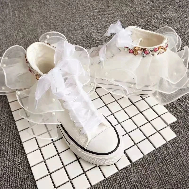 Tracking Sneakers binfenxie  -  Women's Sports Shoes High-top Canvas Shoes Sweet Lace-up Shoes for Women White / Black Flowers Student Pretty Fairy Sneakers