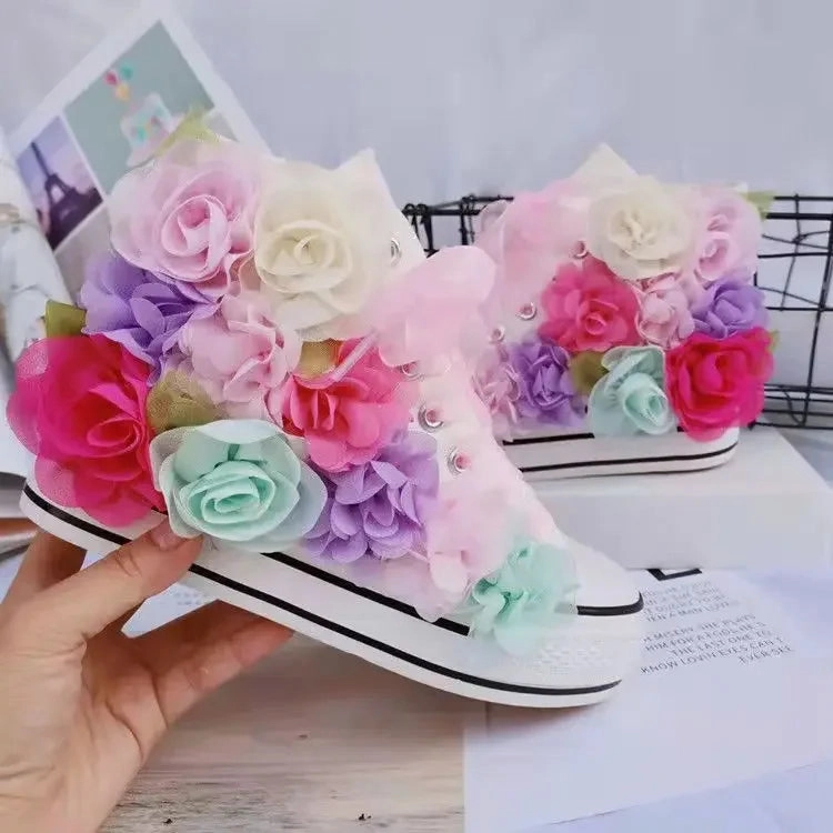 327 Sneakers binfenxie  -  Women's Sports Shoes High-top Canvas Shoes Sweet Lace-up Shoes for Women White / Black Flowers Student Pretty Fairy Sneakers