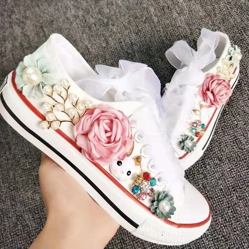 Lay Day Sneakers binfenxie  -  Women's Sports Shoes High-top Canvas Shoes Sweet Lace-up Shoes for Women White / Black Flowers Student Pretty Fairy Sneakers