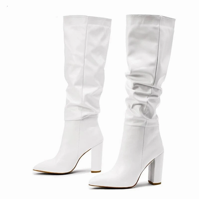 Boots With A Low Heel Boots White Black Women Knee High Boots Sexy Pointed Toe Square Heels