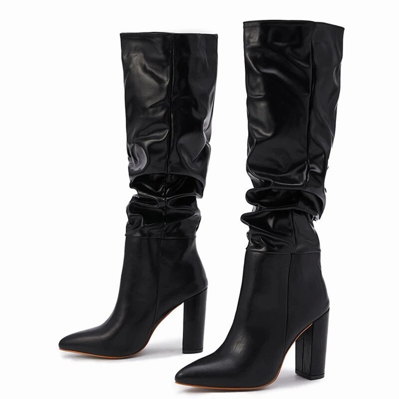 Boots White Black Women Knee High Boots Sexy Pointed Toe Square Heels Goth Cowboy Boots