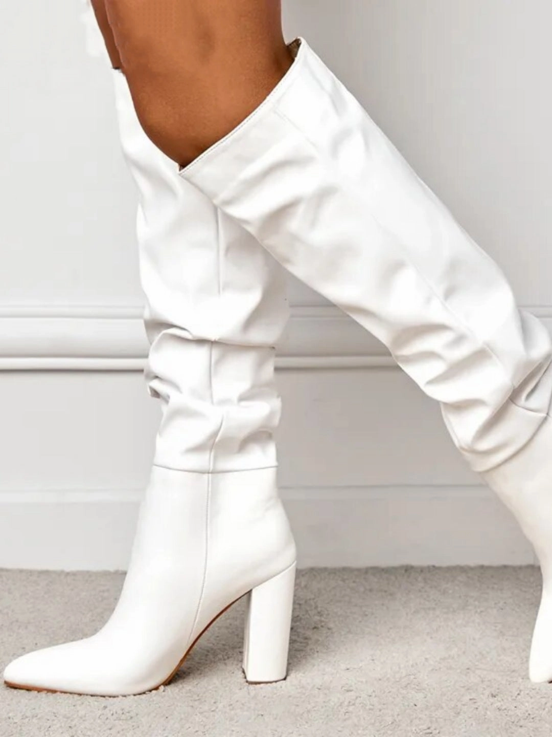 Punk Rock Boots Boots White Black Women Knee High Boots Sexy Pointed Toe Square Heels