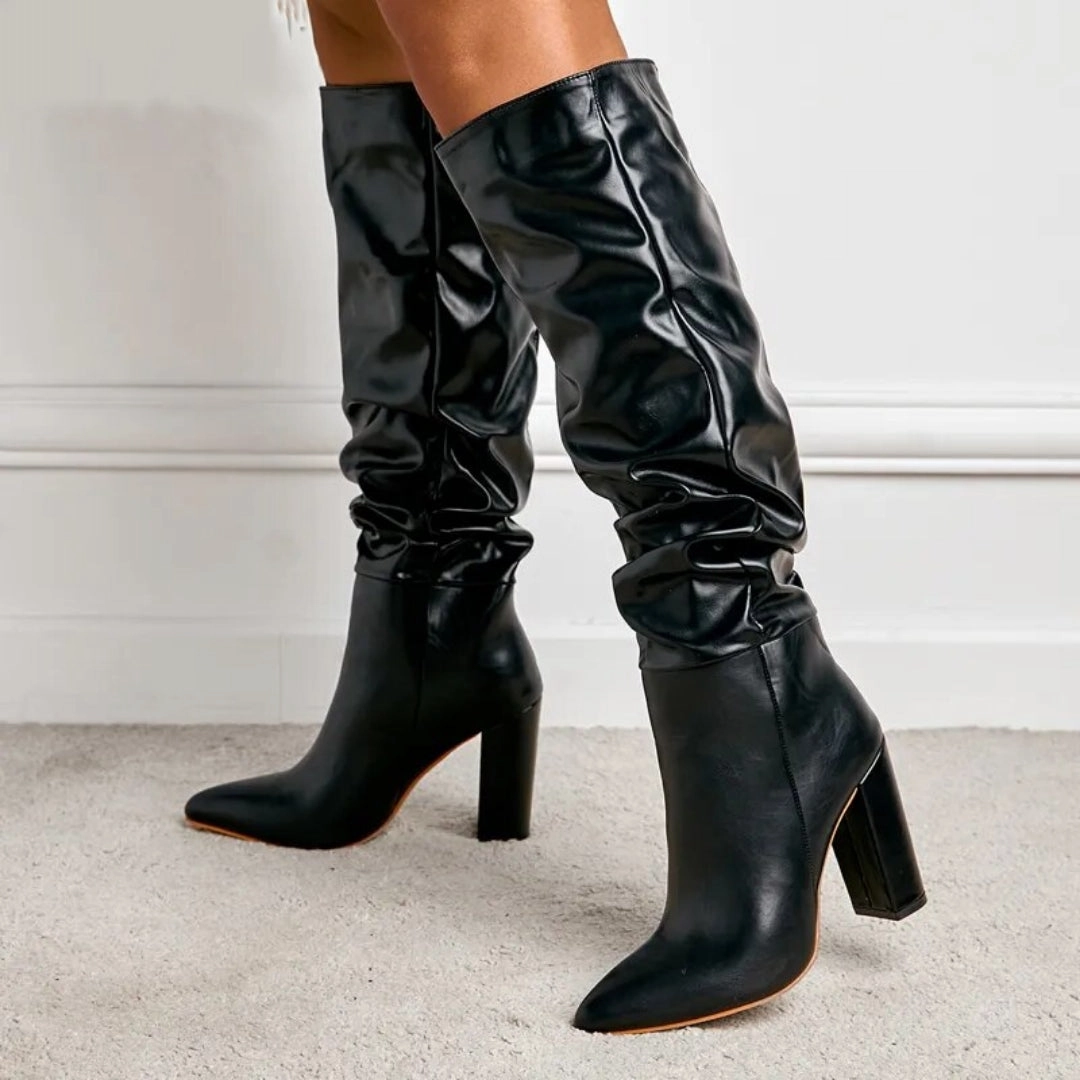 Handmade Western Boots Boots White Black Women Knee High Boots Sexy Pointed Toe Square Heels