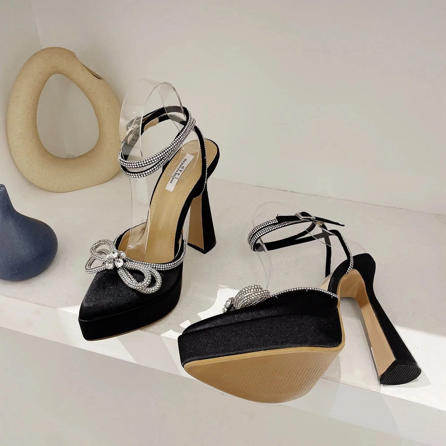 Bowknot Party Pumps Pointed Toe Platform Heel Shoes High In Heels
