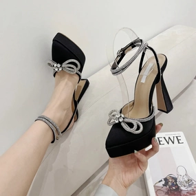 Bowknot Party Pumps Pointed Toe Platform Heel Shoes Navy Heel Sandals