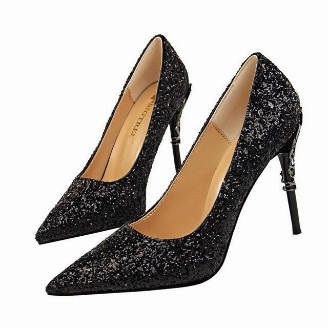 Brand Shoes Metal Decoration Carved Heels Sexy Sequined Adjustable High Heels