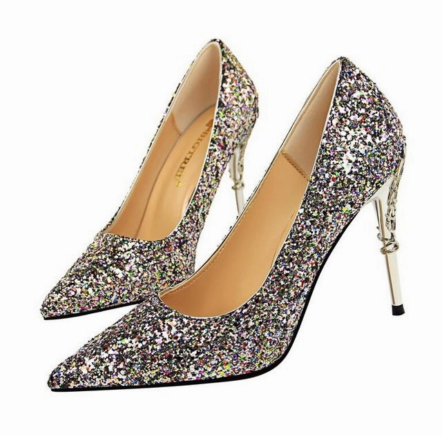 Brand Shoes Metal Decoration Carved Heels Sexy Sequined Patent Platform Heel Shoes