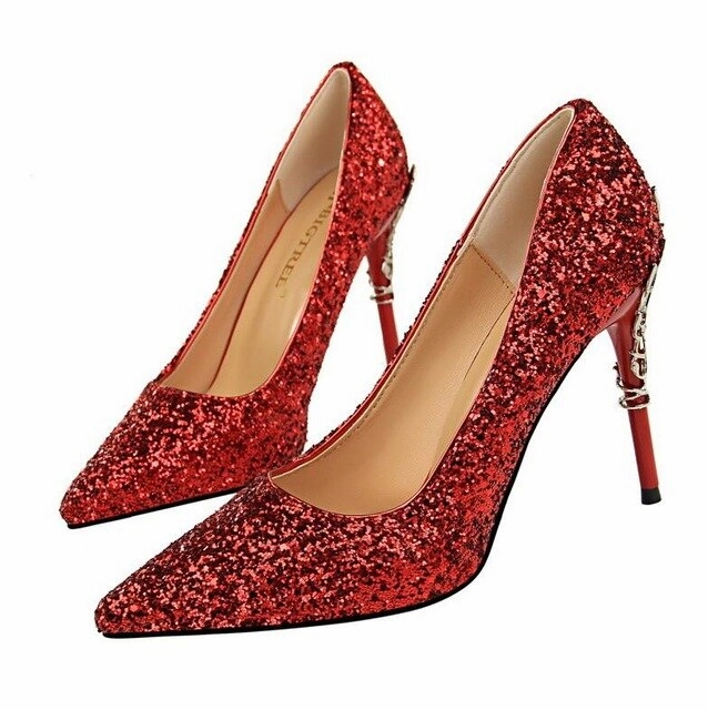 High Heels Dance Brand Shoes Metal Decoration Carved Heels Sexy Sequined
