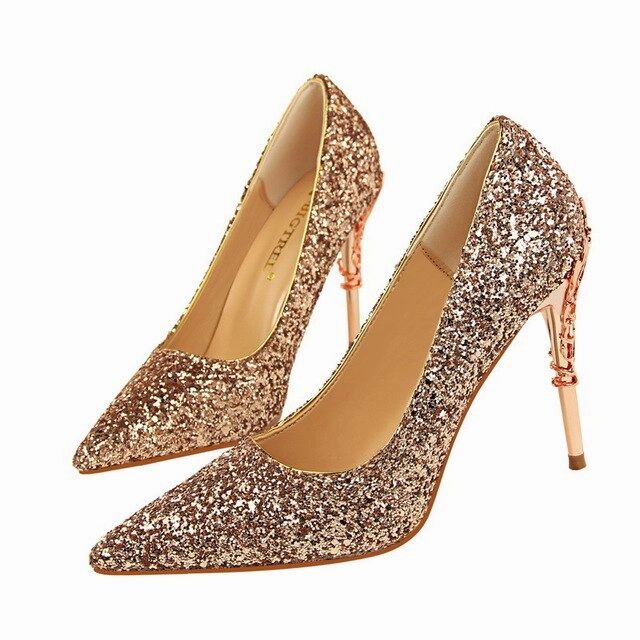 High Heel Taps Brand Shoes Metal Decoration Carved Heels Sexy Sequined