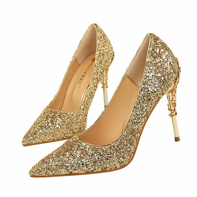 Brand Shoes Metal Decoration Carved Heels Sexy Sequined Heels Shoes