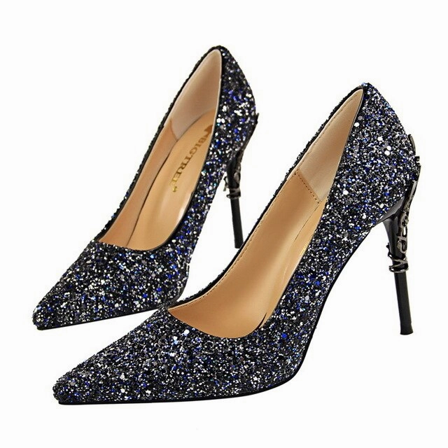 Brand Shoes Metal Decoration Carved Heels Sexy Sequined Pattern High Heels