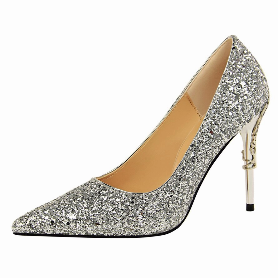 12 In High Heels Brand Shoes Metal Decoration Carved Heels Sexy Sequined