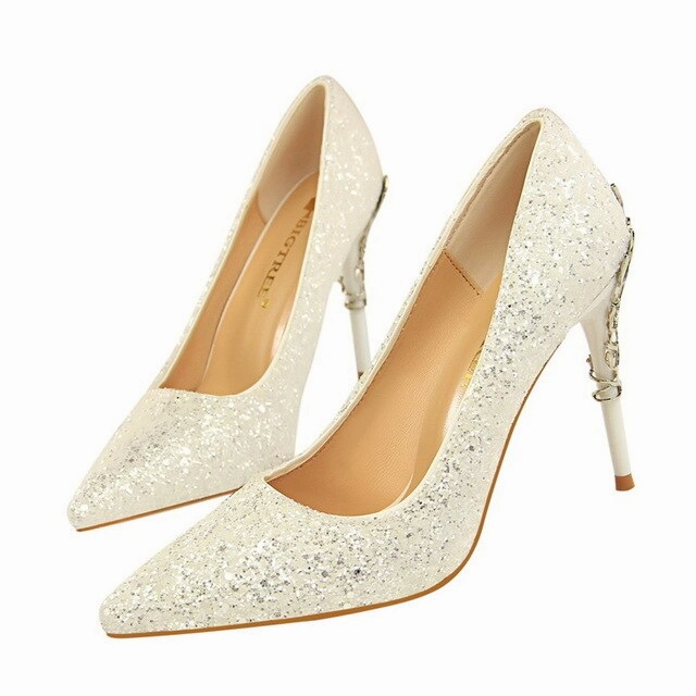 Low High Heels Brand Shoes Metal Decoration Carved Heels Sexy Sequined