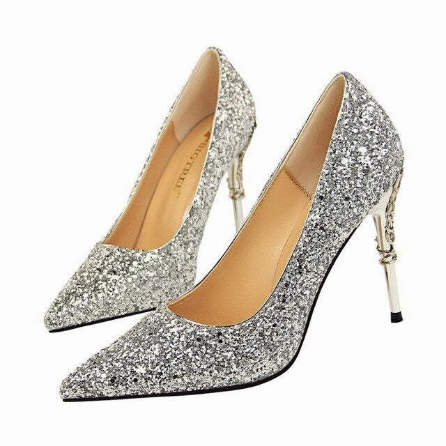 Brand Shoes Metal Decoration Carved Heels Sexy Sequined High Heels Gif