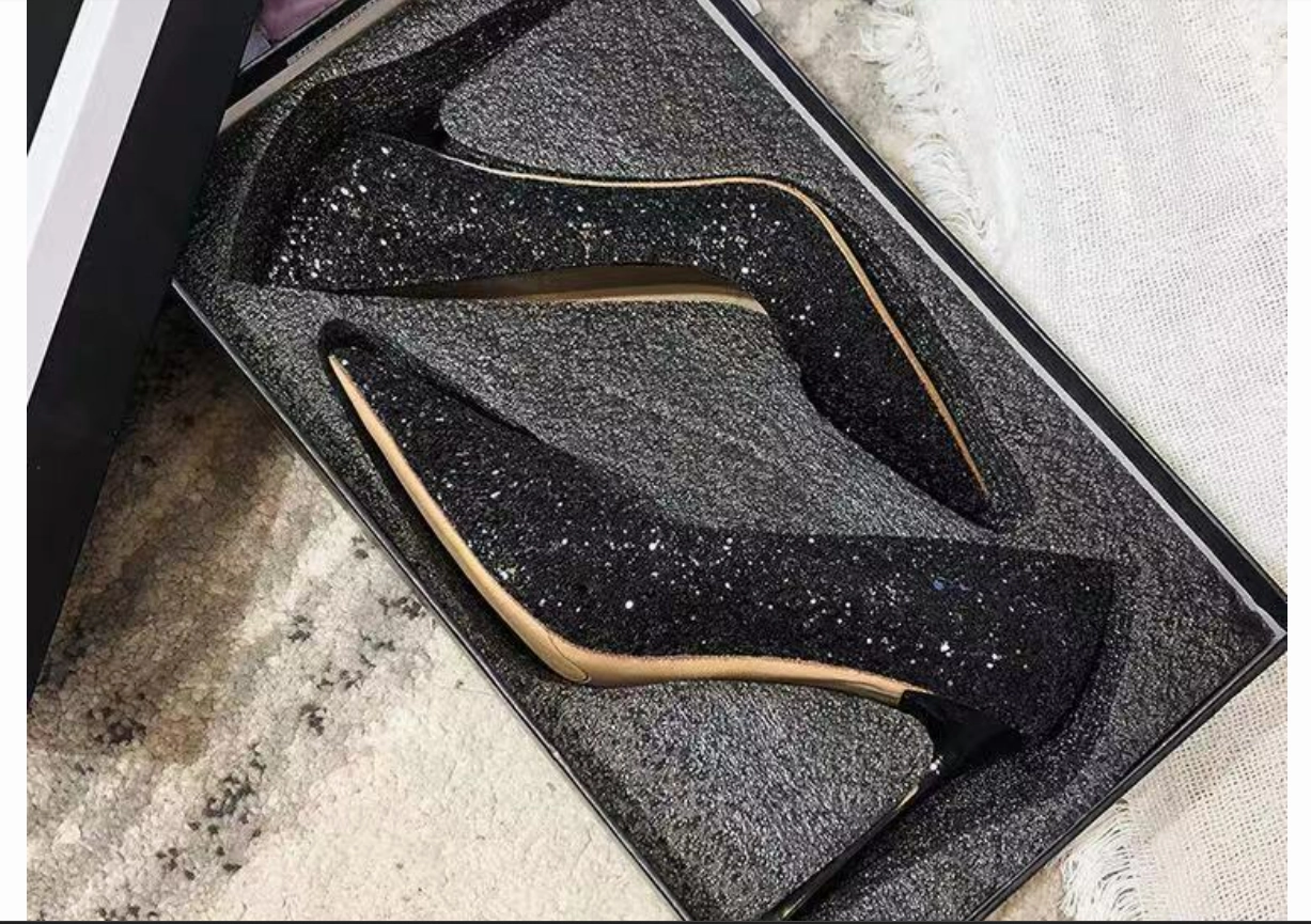 Braquarelly Black- Silver lining Sleek midnight Stacked Heel, Shoes-25 days shipping High Heels Under 10