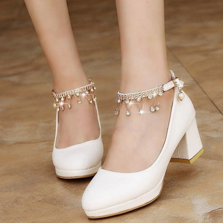 Bridal Shoes Super High Heels String Bead Ankle Strap Leg Warmers High Heels