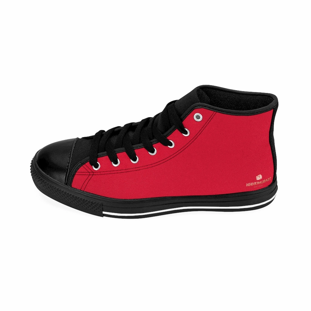 Bright Red Men's High-top Sneakers, Solid Color Minimalist Designer Tennis Running Shoes Moto Boots Leather