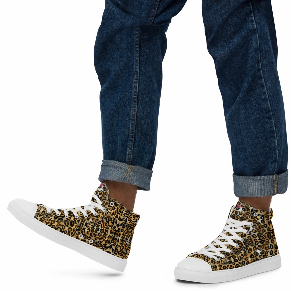 Brown Leopard Men's High Top, Leopard Animal Print Mens High Top Canvas Sneaker Shoes (US Size: 5-13) Best Steel Boots