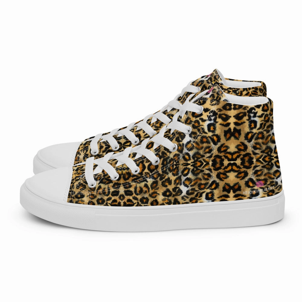 Brown Leopard Men's High Top, Leopard Animal Print Mens High Top Canvas Sneaker Shoes (US Size: 5-13) Frog Boots