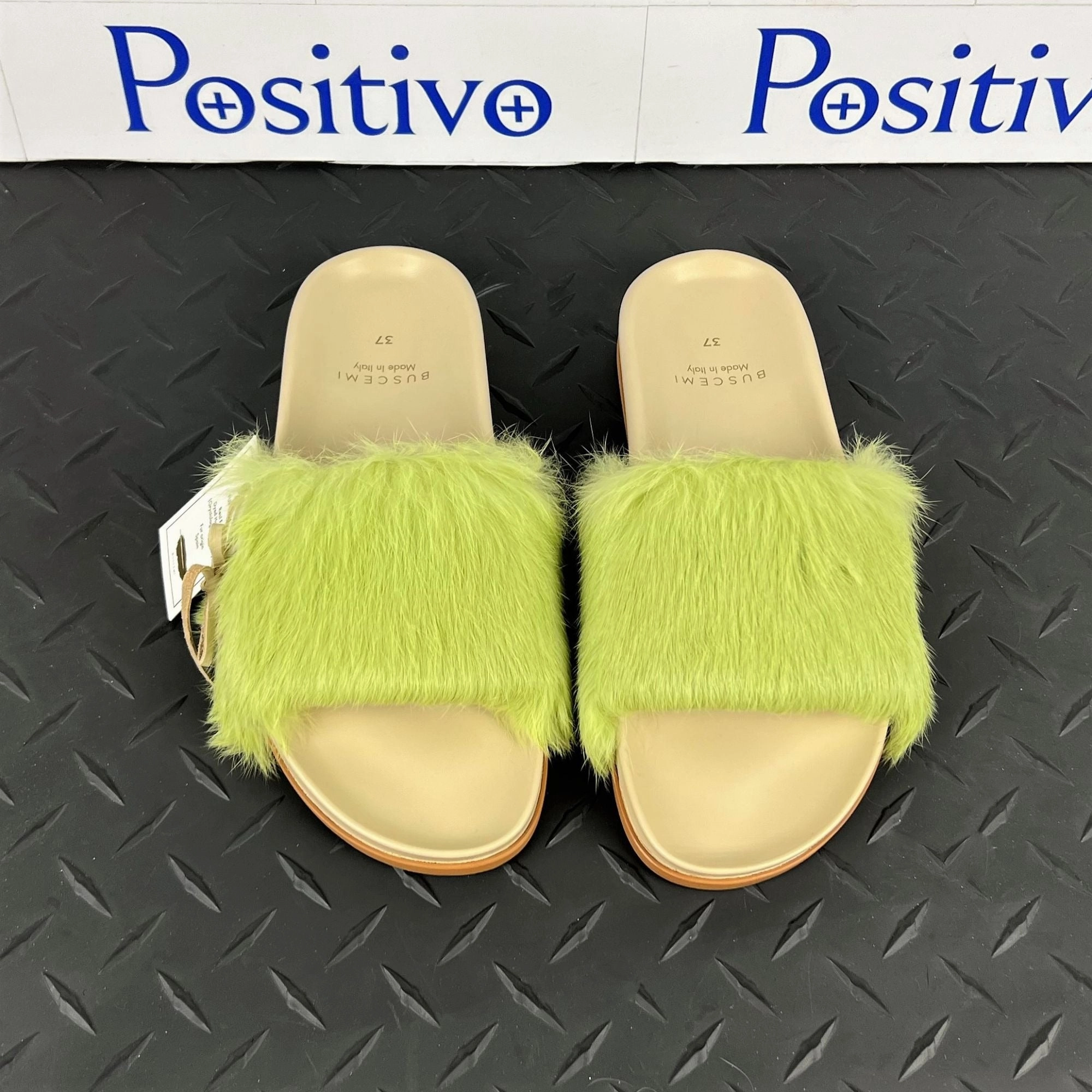 Buscemi Women's Slide Fur Clot Green Leather Slippers Power Ranger Slippers