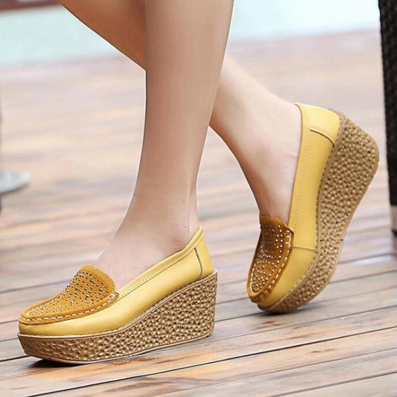 Casual Genuine Leather Leisure Platform Breathable Shoes Cork High Heel Wedges