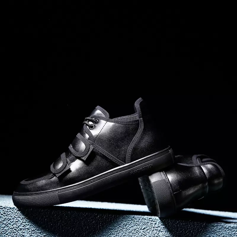 Sneakers Extra Wide Casual Shoes For Men Hook&Loop Utility Men Leather Skateboarding Shoes Low Comfortable Sneakers Men Black