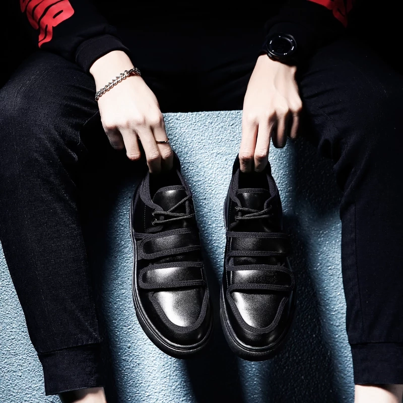 Casual Shoes For Men Hook&Loop Utility Men Leather Skateboarding Shoes Low Comfortable Sneakers Men Black Canvas Tennis Sneakers