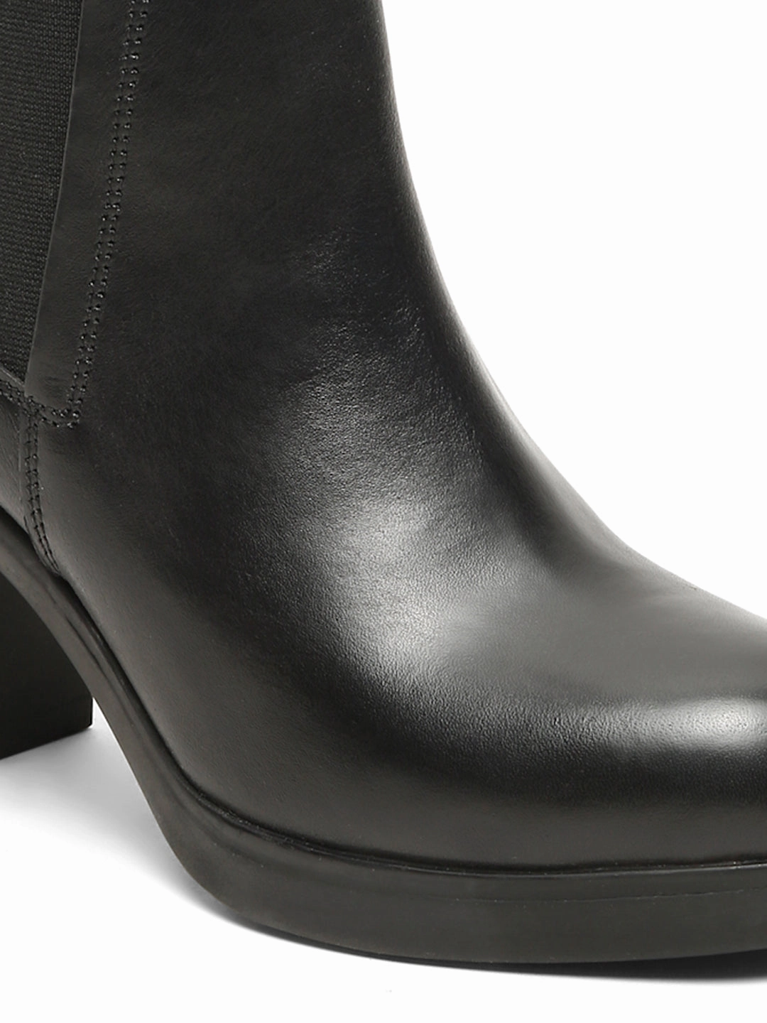 Women's Black Solid Leather Mid - Ankle High Heeled Boots Boots Steel Toe