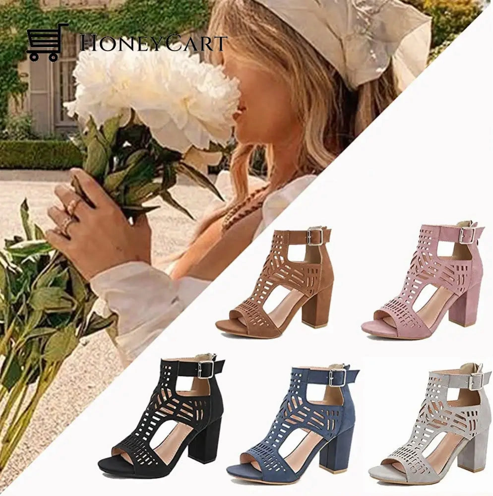 Chunky Heel Sandals for Women Cut Out Peep Toe Zipper Block Heeled Sandals Diamond Sandals