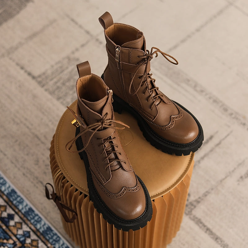 High Western Boots Chunky Heels Elegant Winter Ankle Boots Cow Leather Women