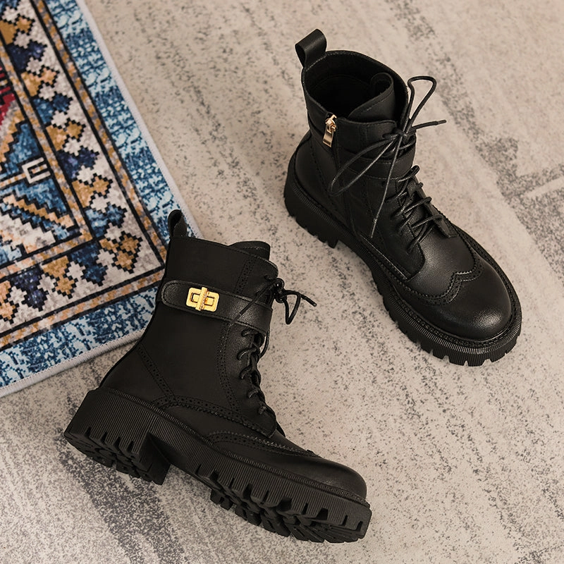 Boots Spurs Chunky Heels Elegant Winter Ankle Boots Cow Leather Women