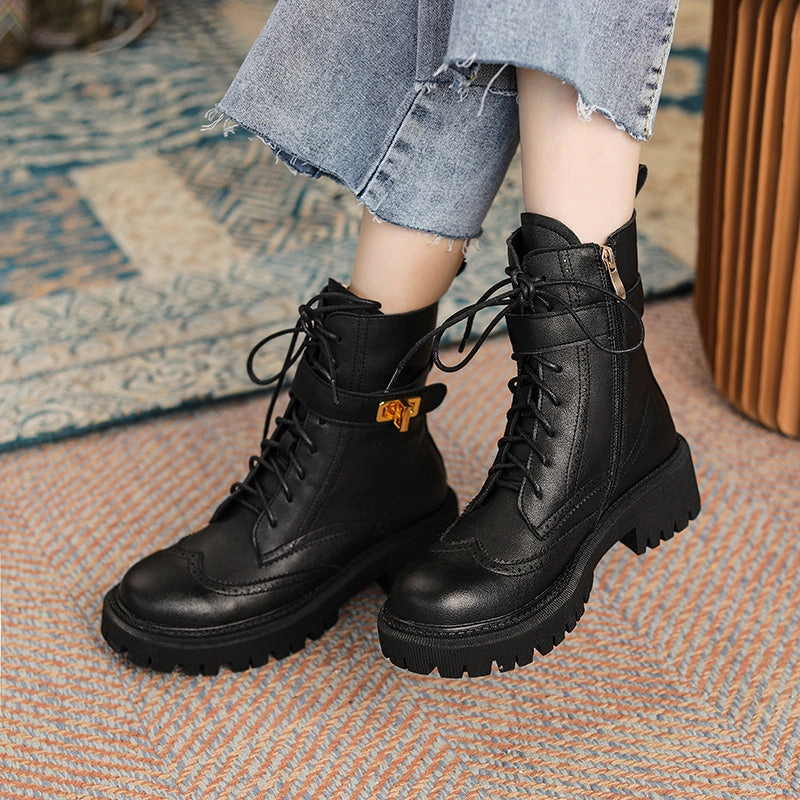 Chunky Heels Elegant Winter Ankle Boots Cow Leather Women Chelsea Boots And Jeans