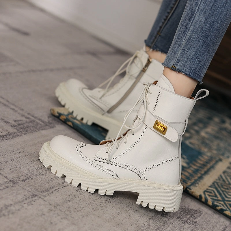 Platform Leather Boots Chunky Heels Elegant Winter Ankle Boots Cow Leather Women