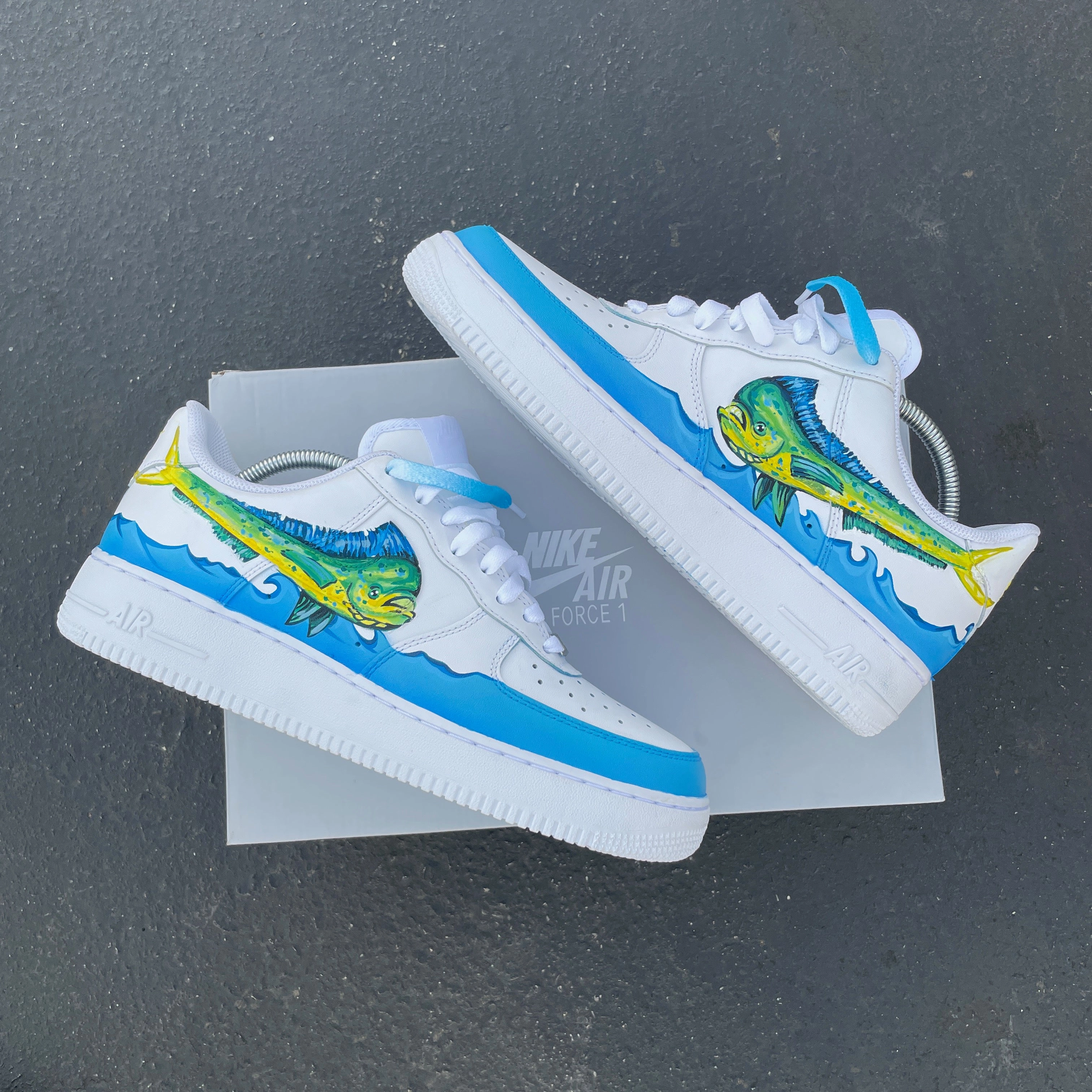 Asics Trail Running Shoes Pronation Custom Hand Painted White Mahi-mahi Fishing Themed Nike Air Force 1 Low