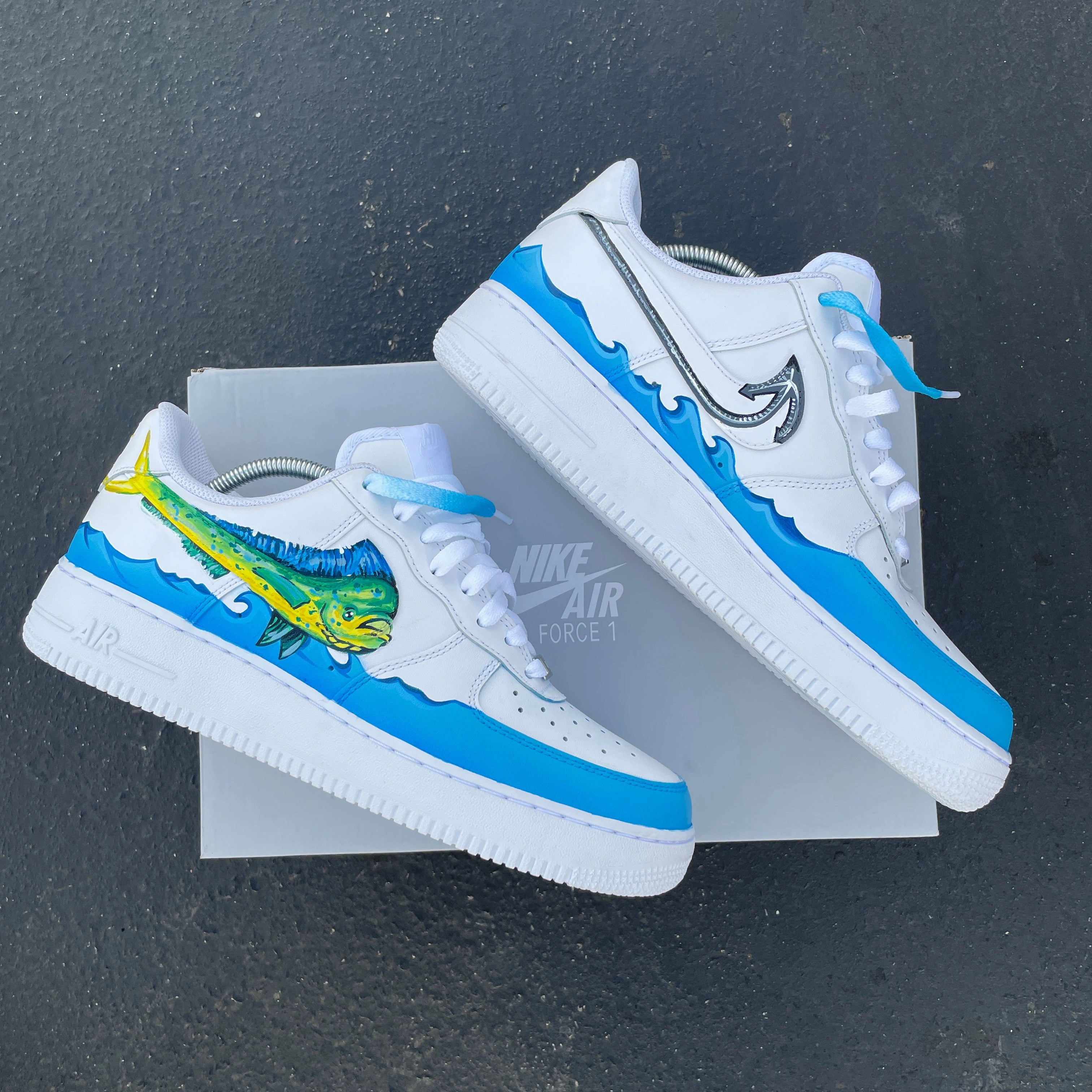 Asics Trail Running Shoes Waterproof Custom Hand Painted White Mahi-mahi Fishing Themed Nike Air Force 1 Low