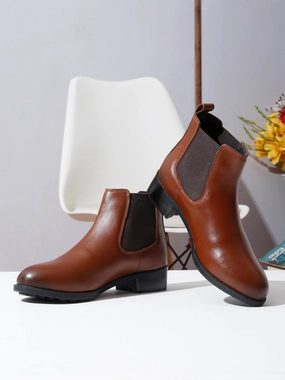Women's Tan Solid Leather Slip-On Blocked Heel Boots Artic Boots
