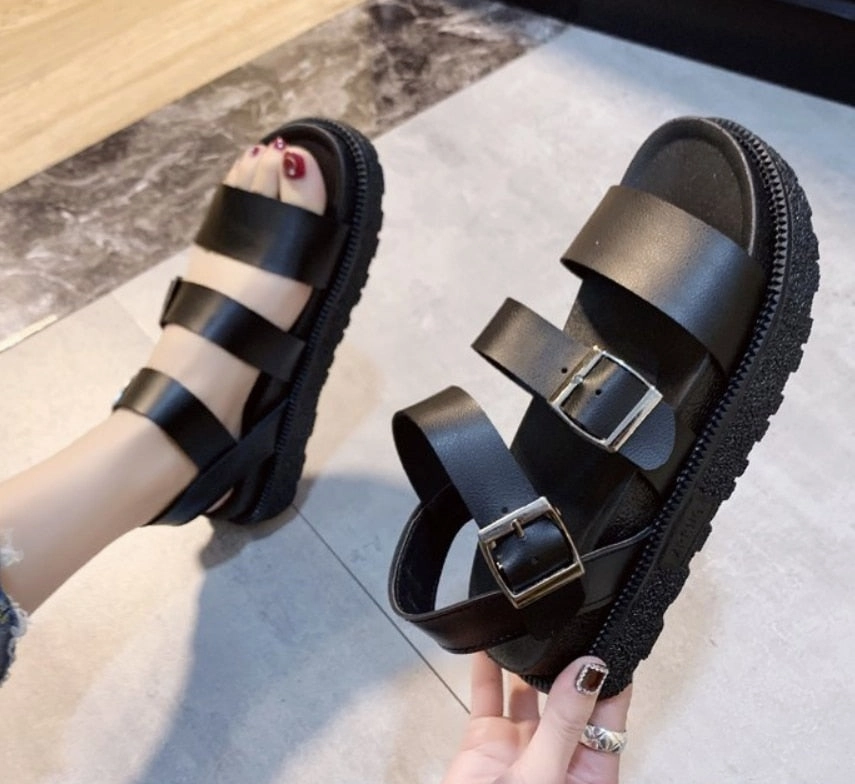 Summer shoes woman Flat Platform Sandals Women Soft Leather Casual Open Toe Gladiator wedges Women Shoes Stockings With Flat Shoes