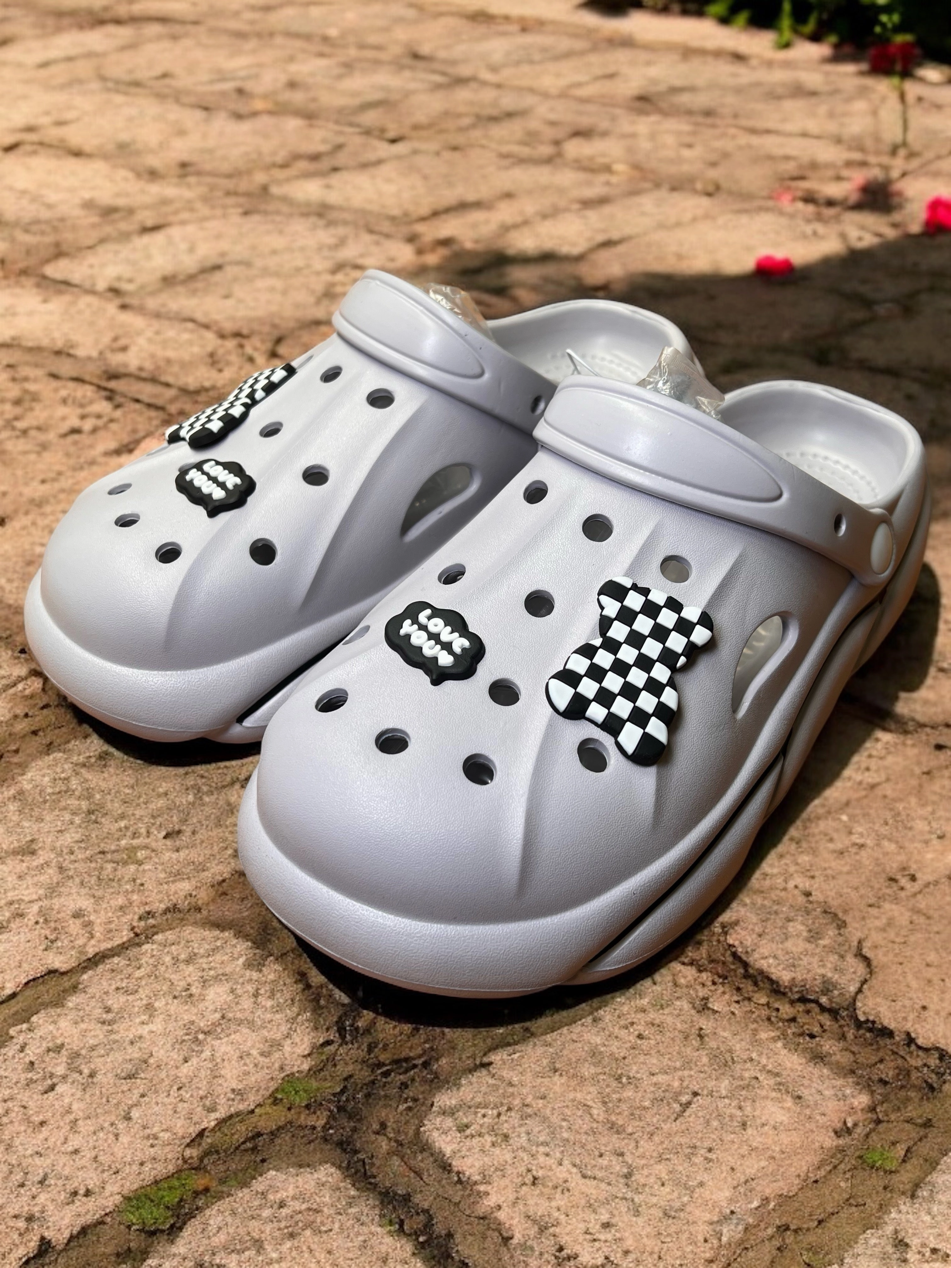 Lizzie Mcguire Clogs Trendy Slip-On Crocs with Checkerboard Charm and Love You Accent