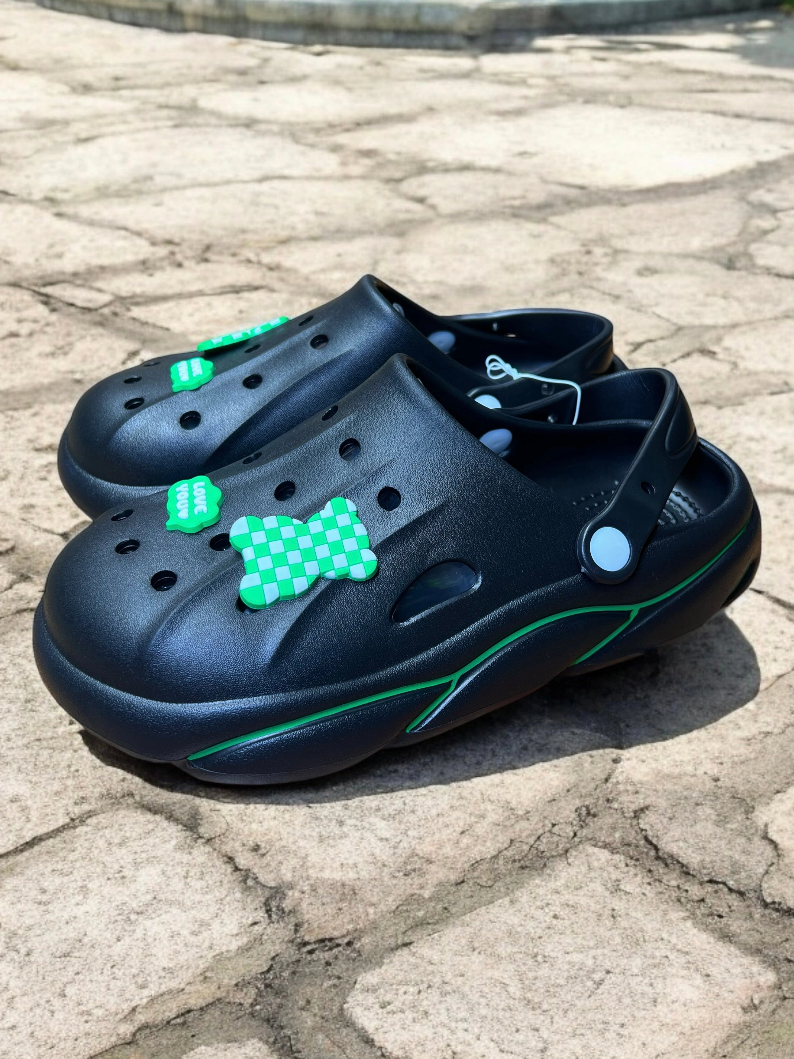 Trendy Slip-On Crocs with Checkerboard Charm and Love You Accent Platform Clogs Dupe