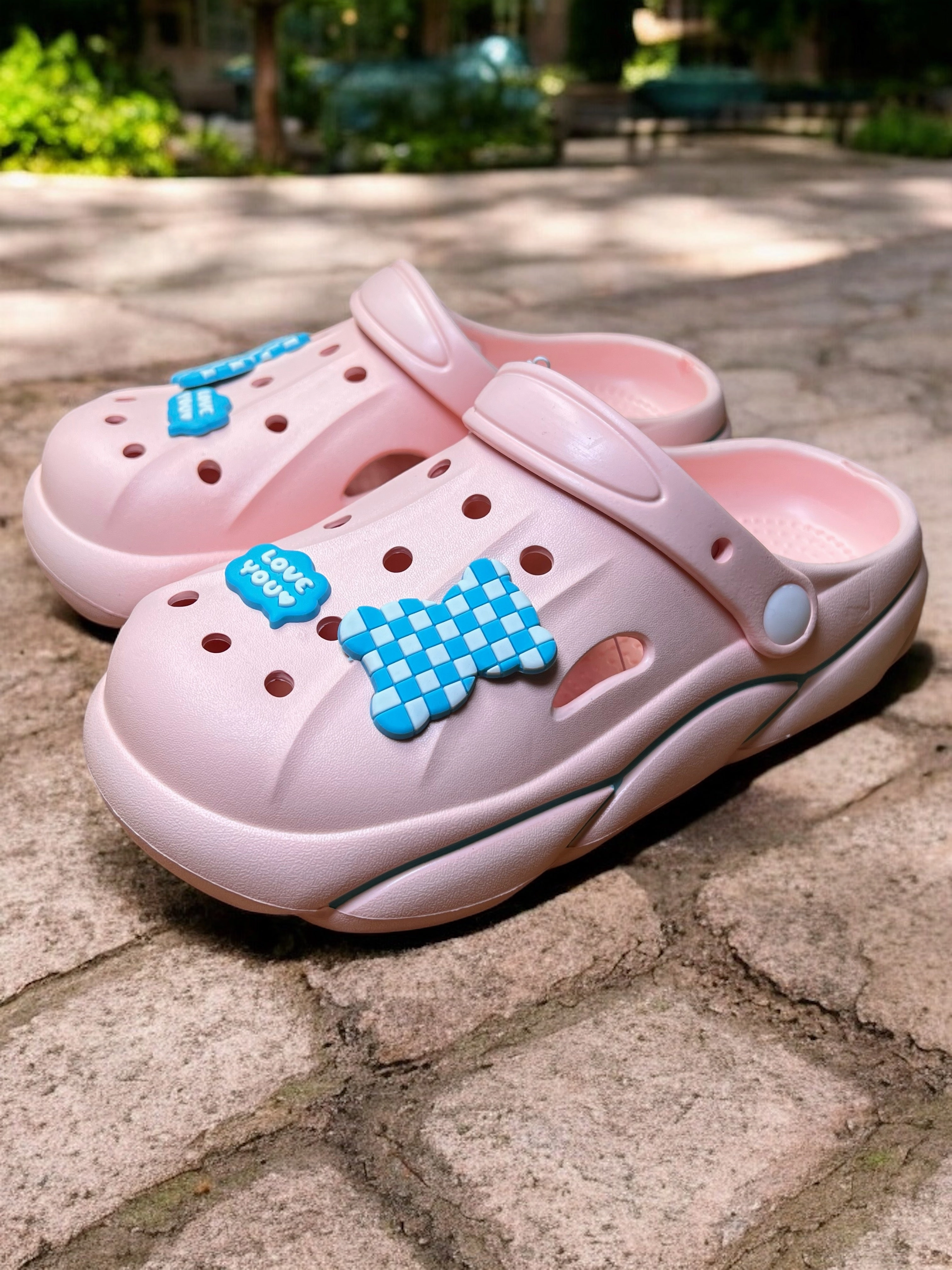 Trendy Slip-On Crocs with Checkerboard Charm and Love You Accent Ear Clogs When Lying Down