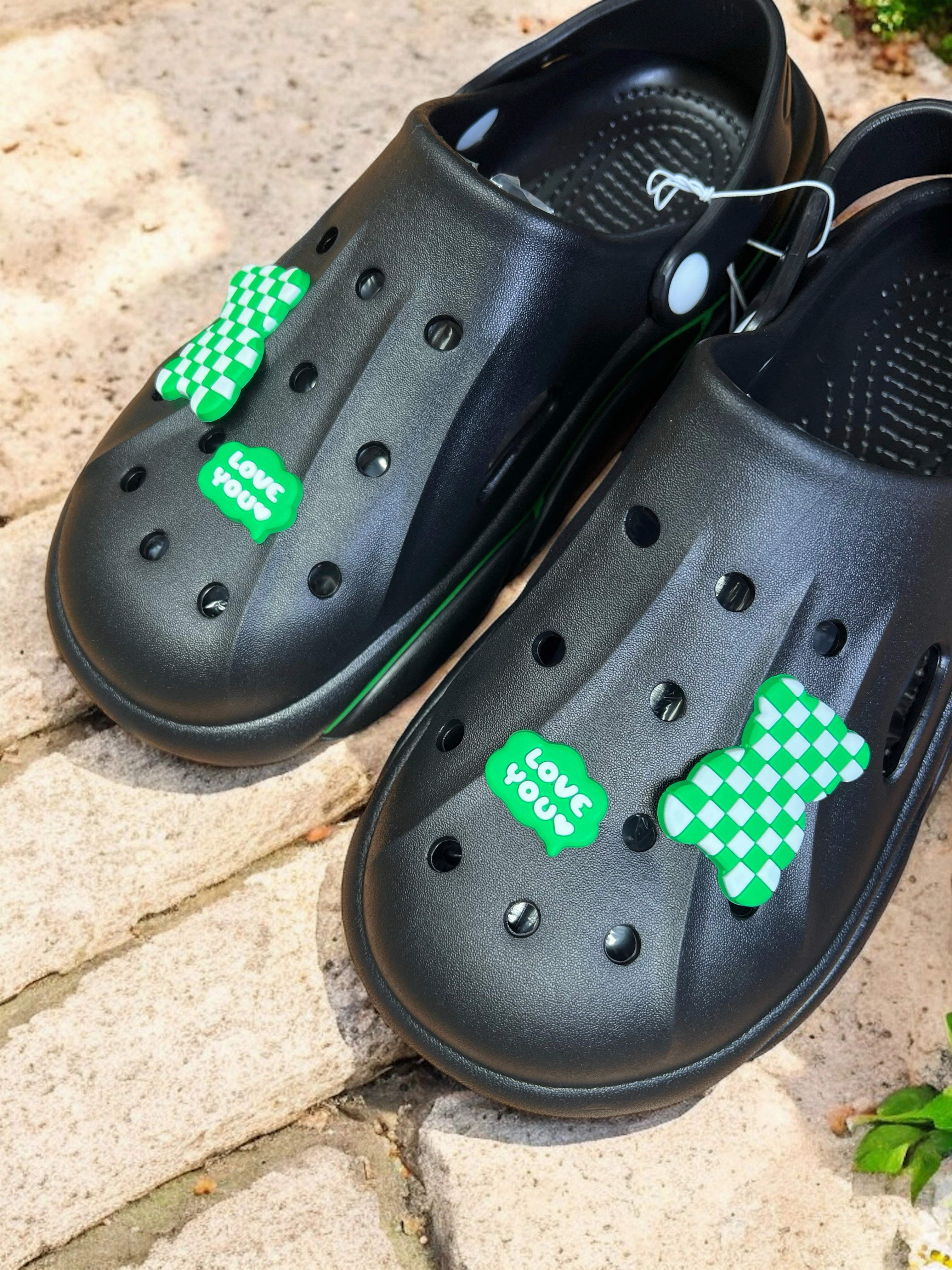Trendy Slip-On Crocs with Checkerboard Charm and Love You Accent Clogs Size 8.5