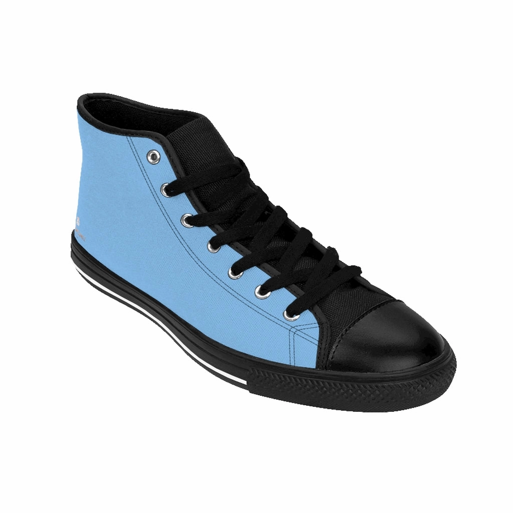 Baby Blue Men's High-top Sneakers, Solid Color Minimalist Designer Tennis Running Shoes Leather Ankle Boots