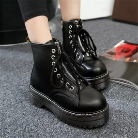 COOTELILI Fashion Zipper Flat Shoes Woman High Heel Platform PU Leather Boots Lace up Women Shoes Ankle Boots Girls 35-40 Best Athletic Shoes For Flat Feet And Overpronation