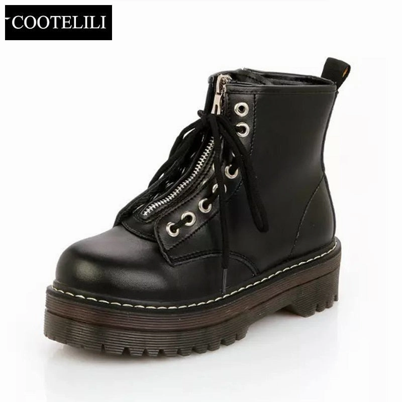 COOTELILI Fashion Zipper Flat Shoes Woman High Heel Platform PU Leather Boots Lace up Women Shoes Ankle Boots Girls 35-40 Canvas Flat Shoes