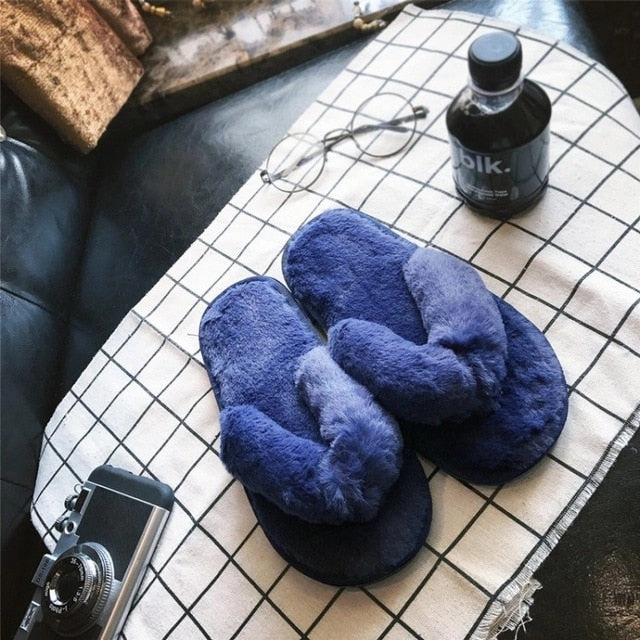 COOTELILI Winter Fashion Women Home Slippers Faux Fur Warm Shoes Woman Slip on Flats Female Fur Flip Flops Pink Plus Size 44 45 Tasman Slippers Big Kid Size