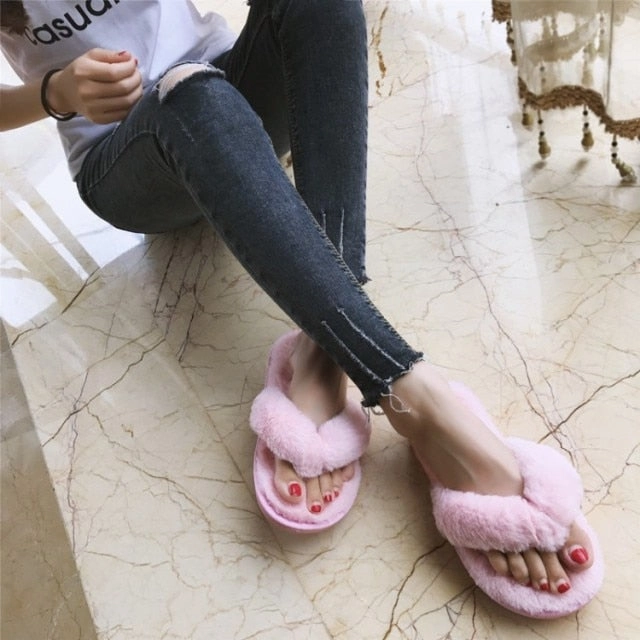 COOTELILI Winter Fashion Women Home Slippers Faux Fur Warm Shoes Woman Slip on Flats Female Fur Flip Flops Pink Plus Size 44 45 Long Bay Slippers