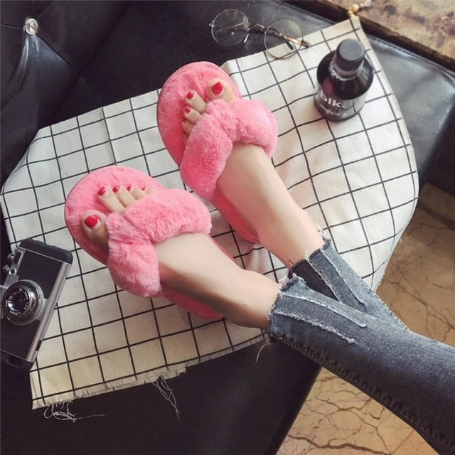 Slippers With Animals COOTELILI Winter Fashion Women Home Slippers Faux Fur Warm Shoes Woman Slip on Flats Female Fur Flip Flops Pink Plus Size 44 45
